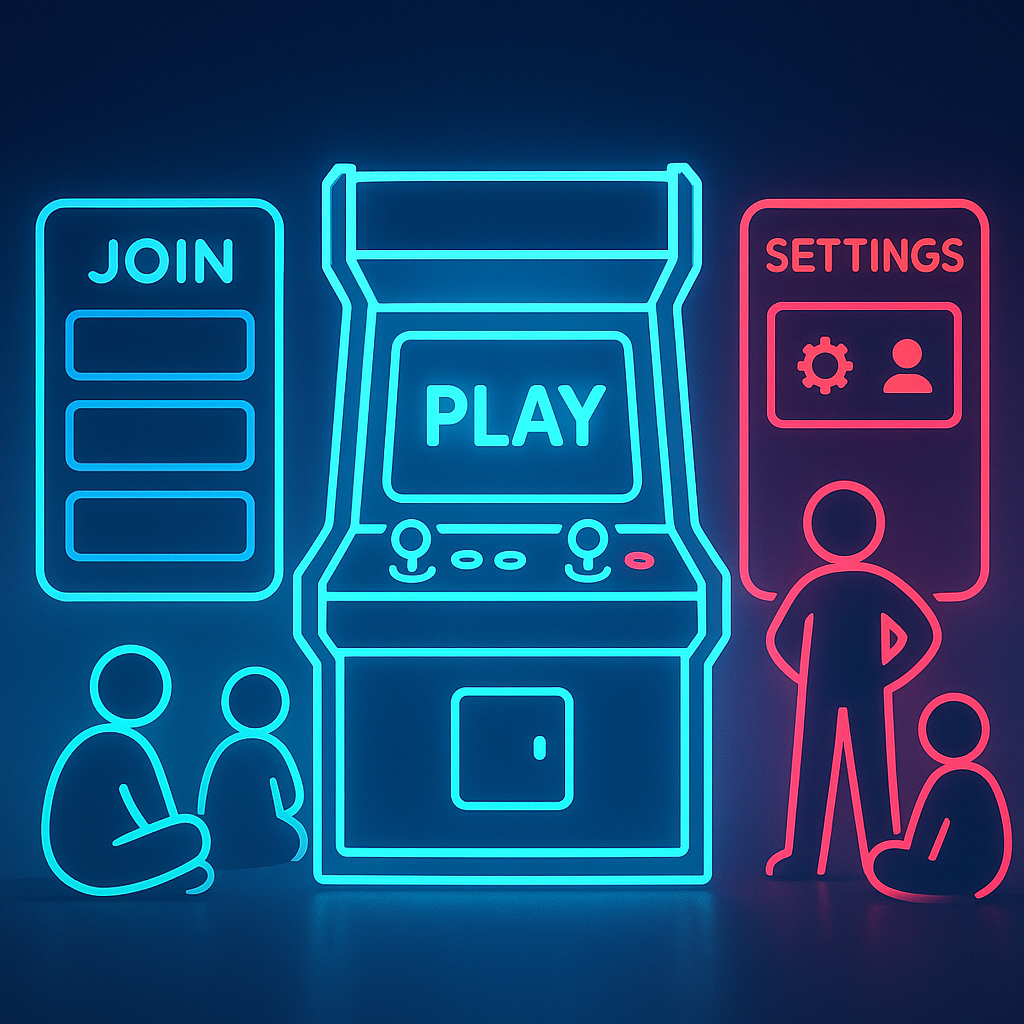 ArcadeForge hero — neon arcade interface with players and HUD